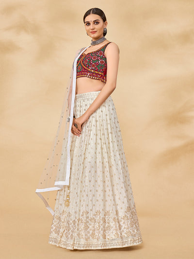 White Embroidered Semi Stitched Lehenga With Unstitched Blouse