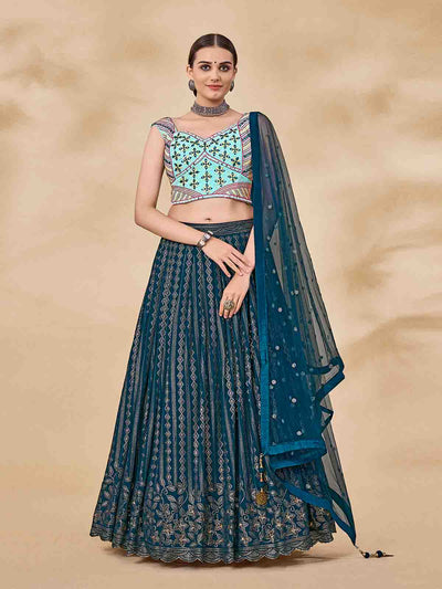Teal Embroidered Semi Stitched Lehenga With Unstitched Blouse
