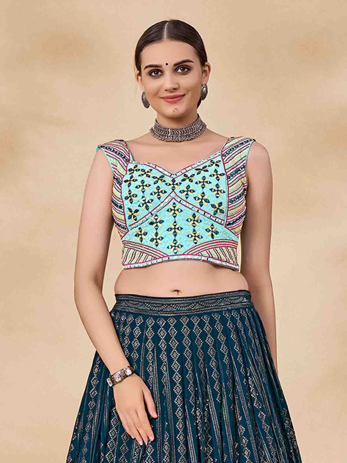 Teal Embroidered Semi Stitched Lehenga With Unstitched Blouse