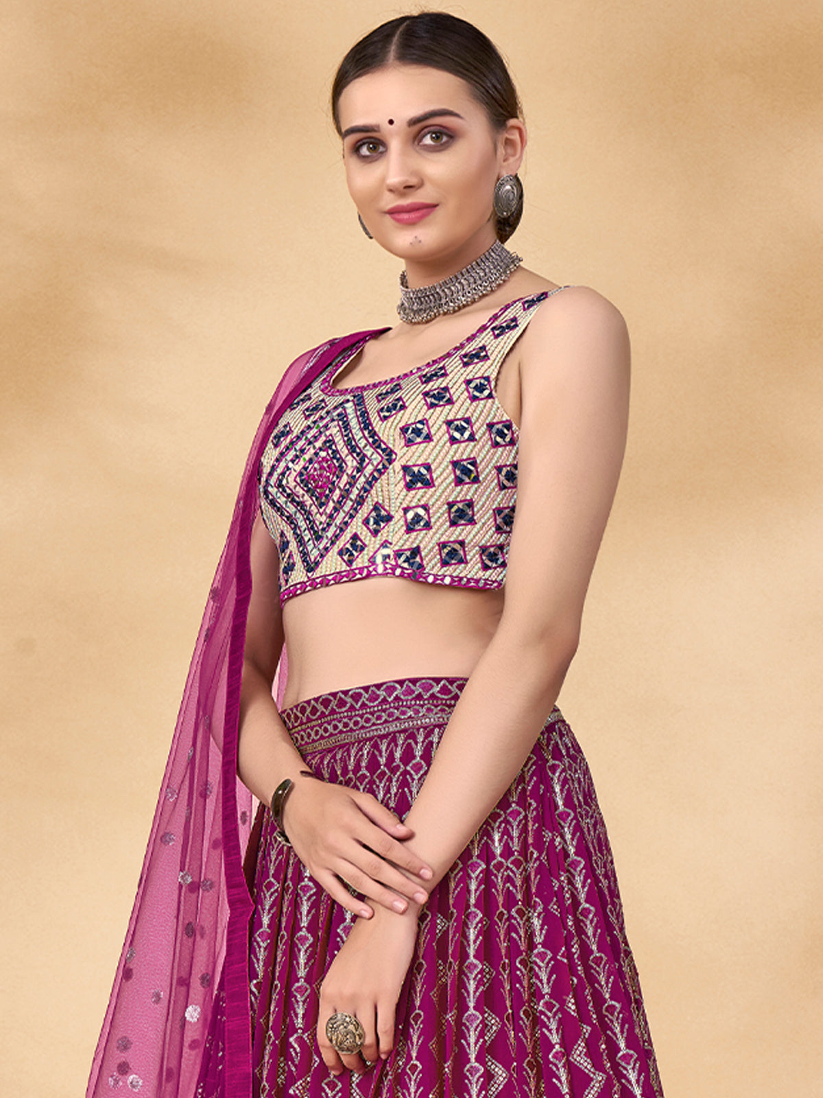 Purple Embroidered Semi Stitched Lehenga With Unstitched Blouse