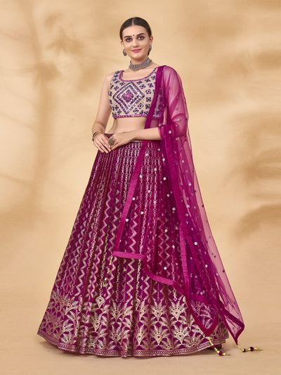 Purple Embroidered Semi Stitched Lehenga With Unstitched Blouse