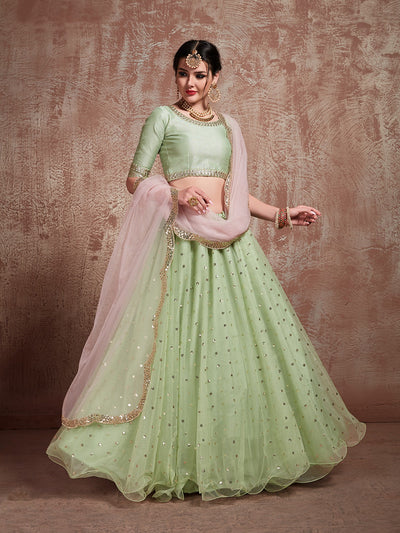 Green Sequins  Sassy Semi Stitched Lehenga With  Unstitched Blouse
