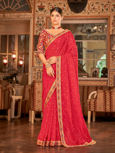 Odette Women Red Organza Embroidered Saree With Unstitched Blouse
