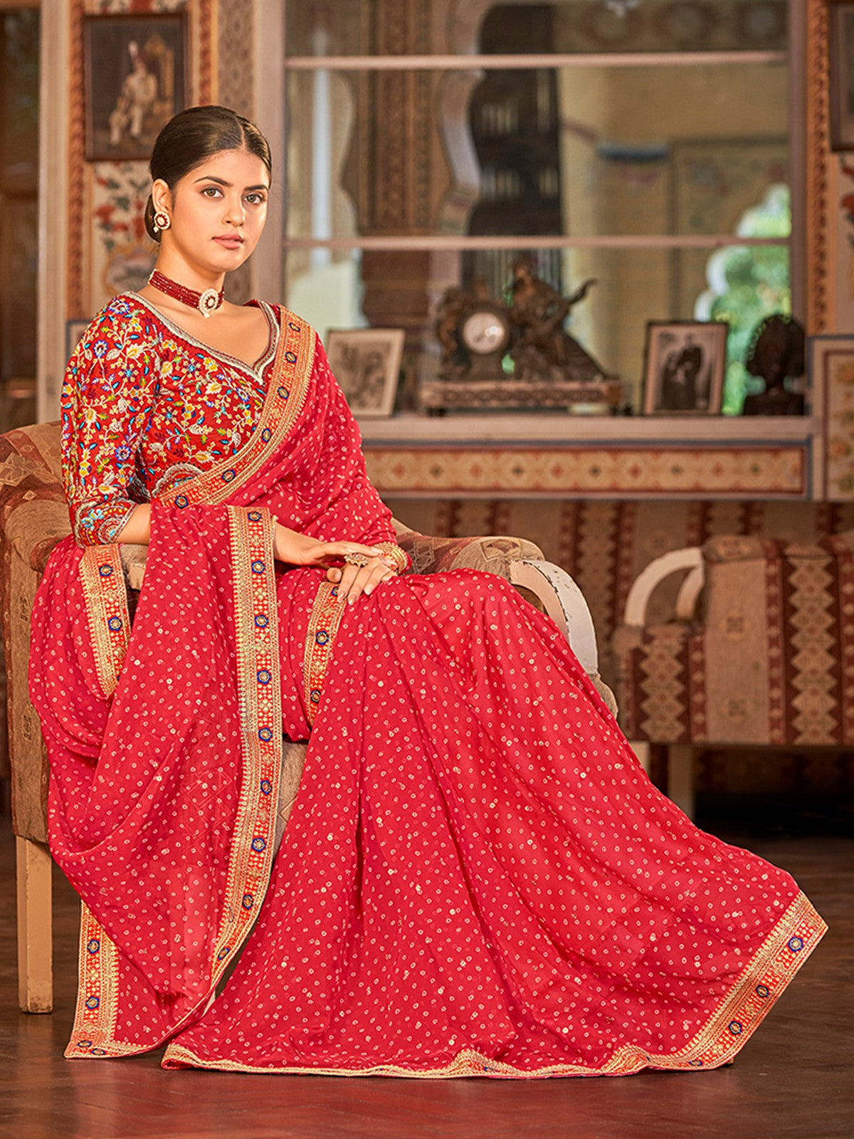 Odette Women Red Organza Embroidered Saree With Unstitched Blouse