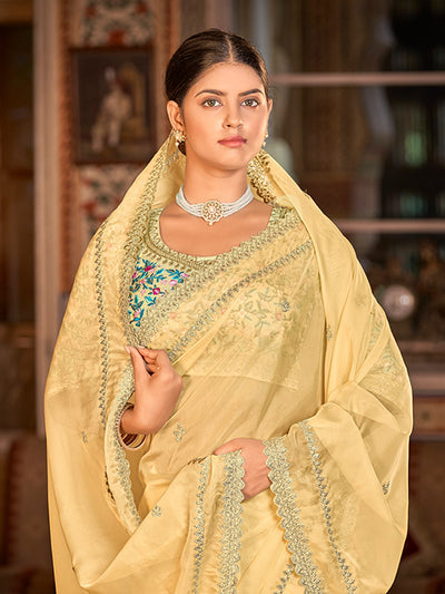 Yellow Organza Embroidered Saree With Unstitched Blouse