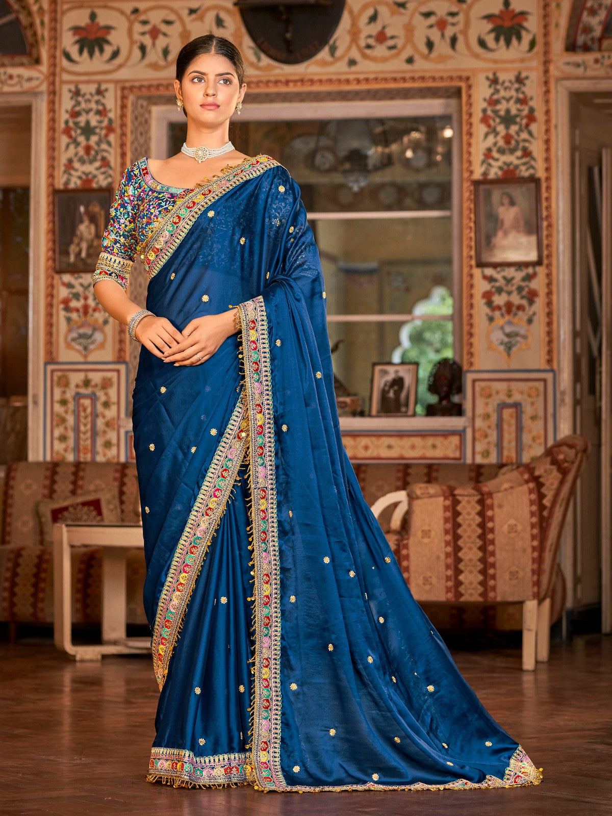 Dark Blue Organza Embroidered Saree With Unstitched Blouse