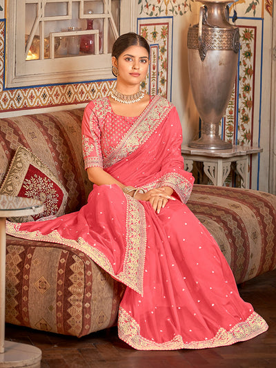 Pink Organza Embroidered Saree With Unstitched Blouse