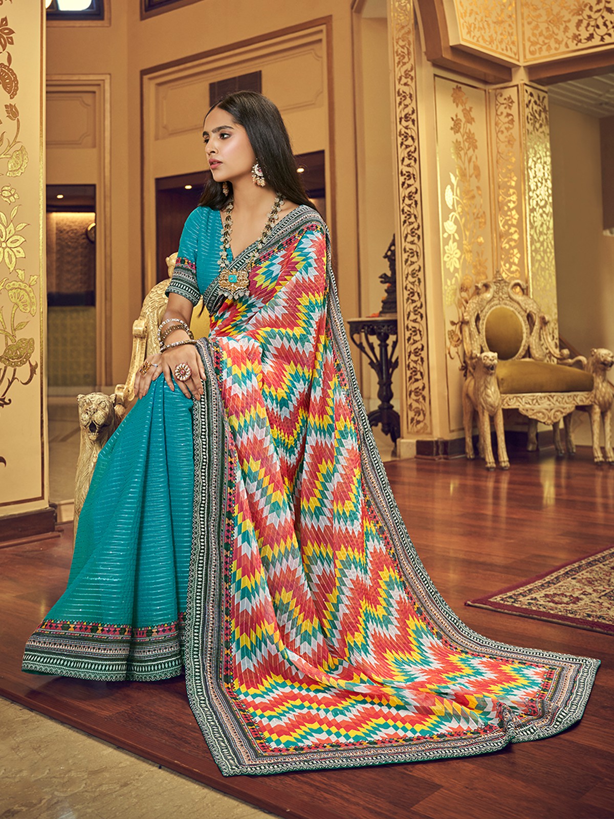 Multicolor Georgette Embroidered Saree With Unstitched Blouse