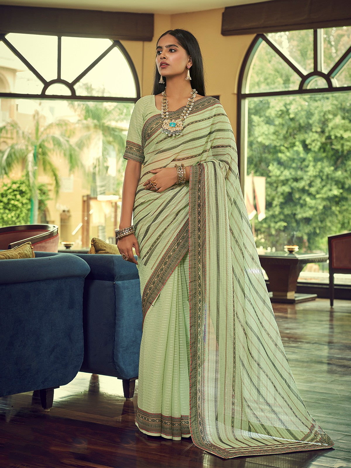 Sea green silk saree with blouse 6609 | Designer silk sarees, Saree  designs, Art silk sarees