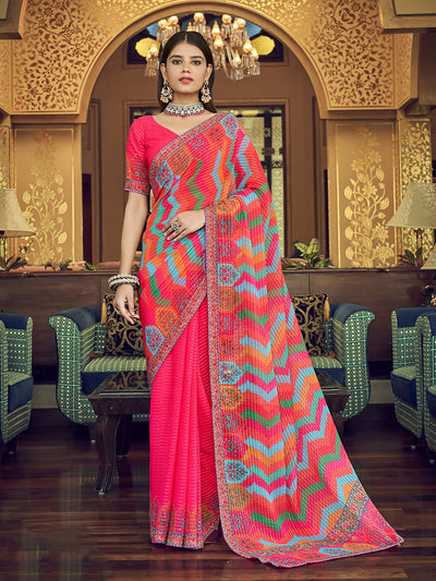Pink Georgette Embroidered Saree With Unstitched Blouse