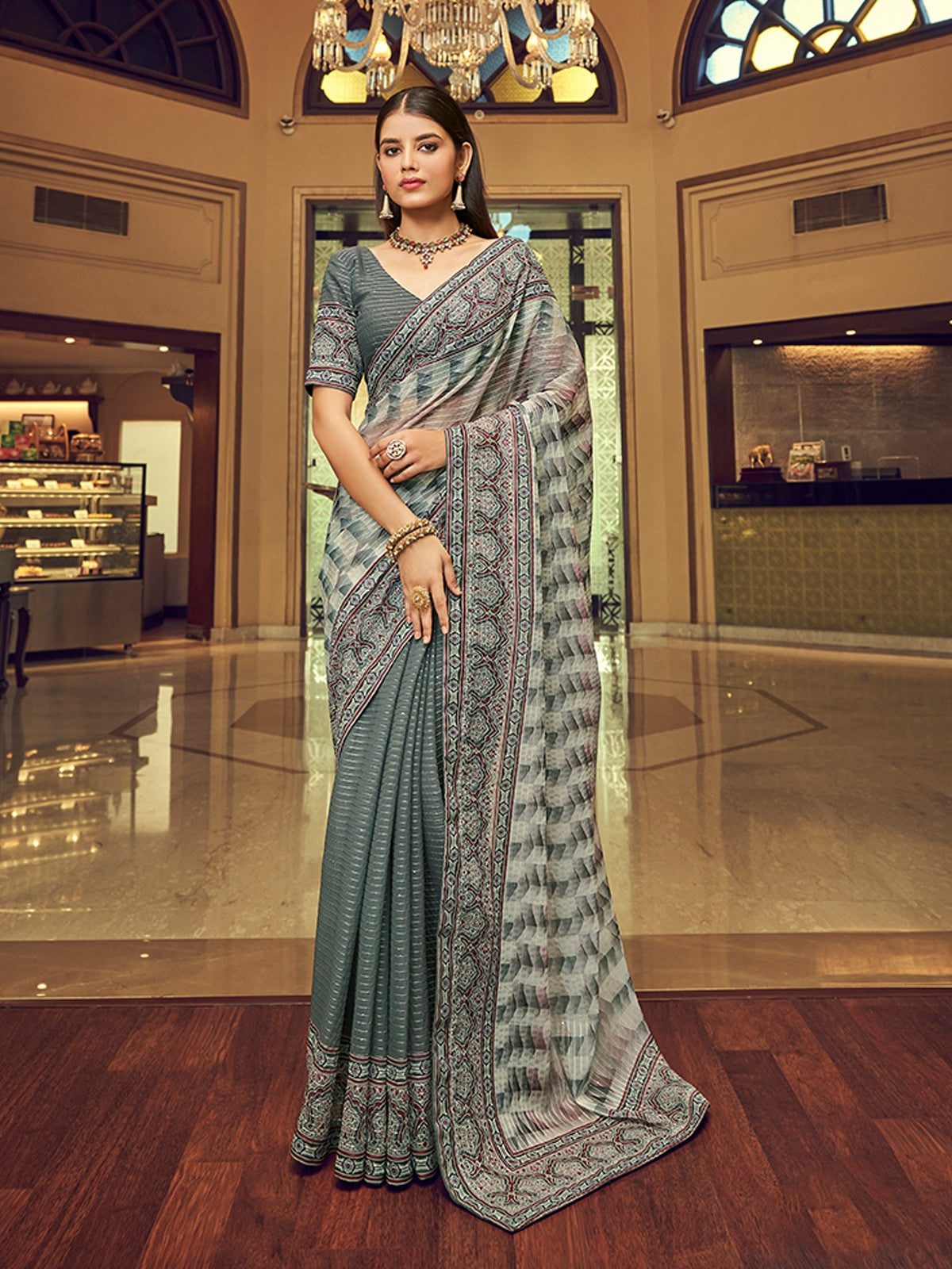 Grey Georgette Embroidered Saree With Unstitched Blouse