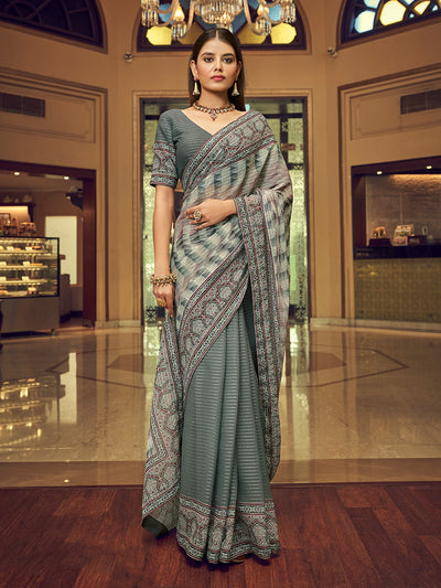 Grey Georgette Embroidered Saree With Unstitched Blouse