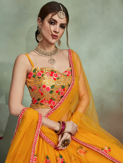 Mustard Color Soft Net Sequins Semi Stitched Lehenga With  Unstitched Blouse