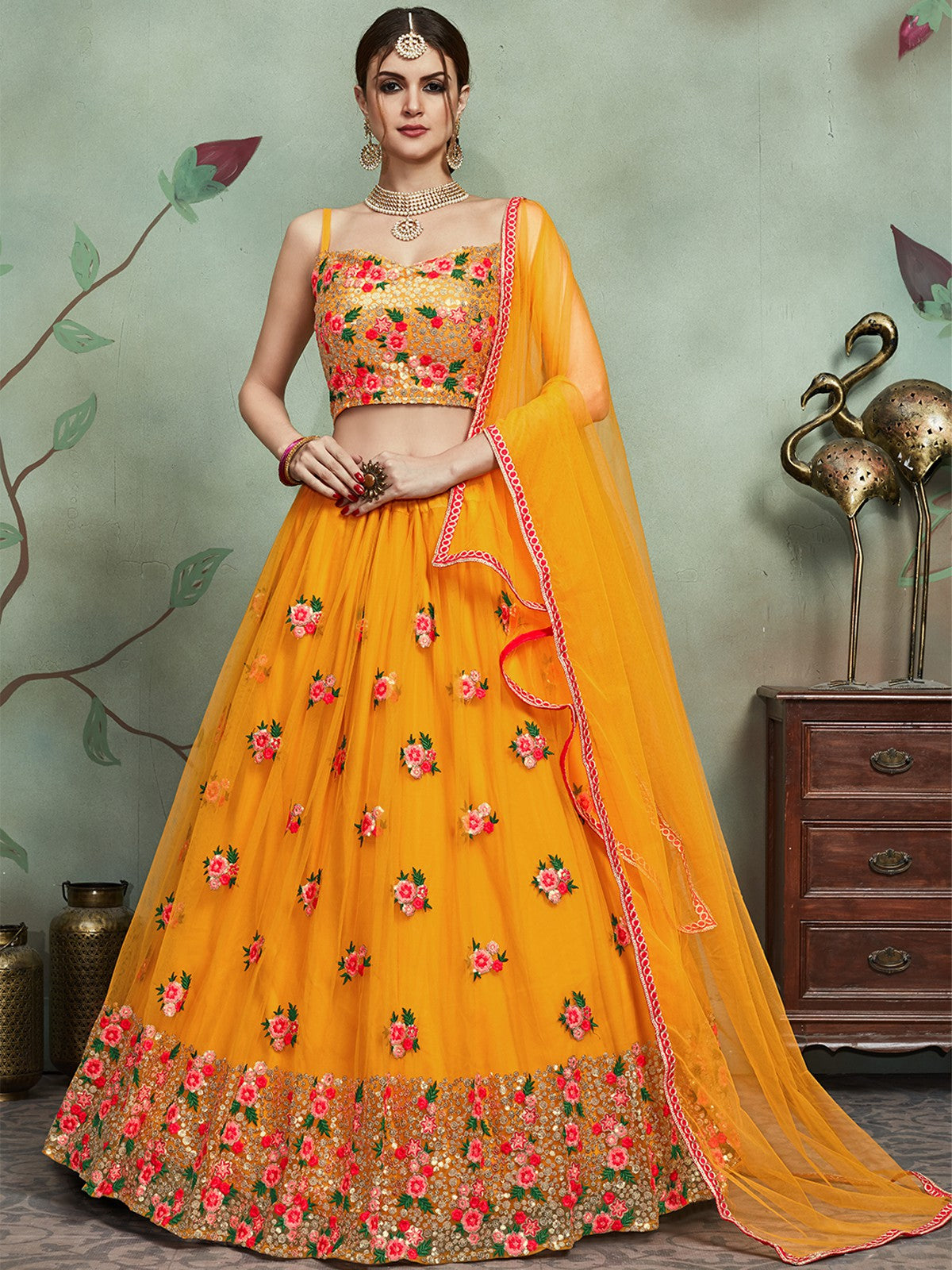 Mustard Color Soft Net Sequins Semi Stitched Lehenga With  Unstitched Blouse