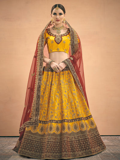 Odette Women Mustard Embroidered Bridal Semi Stitched Lehenga With Unstitched Blouse