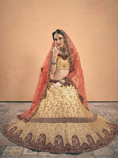 Odette Women Beige Embroidered Bridal Semi Stitched Lehenga With Unstitched Blouse