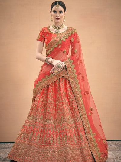 Odette Women Red Embroidered Bridal Semi Stitched Lehenga With  Unstitched Blouse