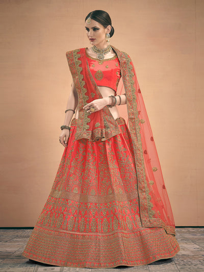 Odette Women Red Embroidered Bridal Semi Stitched Lehenga With  Unstitched Blouse