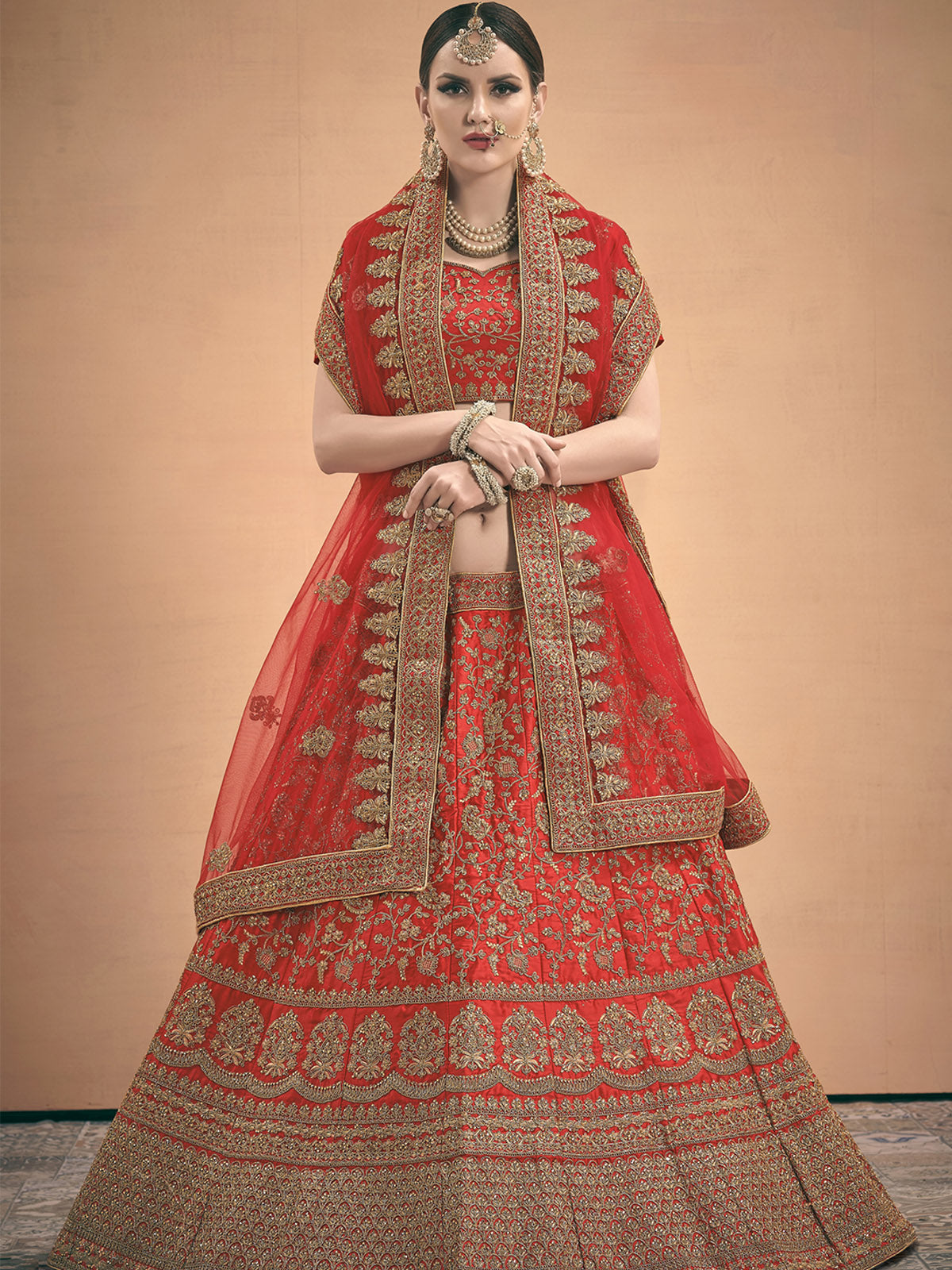 Odette Women Red Embroidered Bridal Semi Stitched Lehenga With Unstitched Blouse