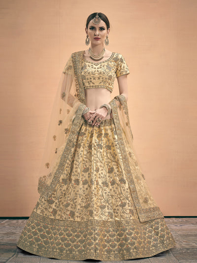 Odette Women Beige Embroidered Bridal Semi Stitched Lehenga With Unstitched Blouse