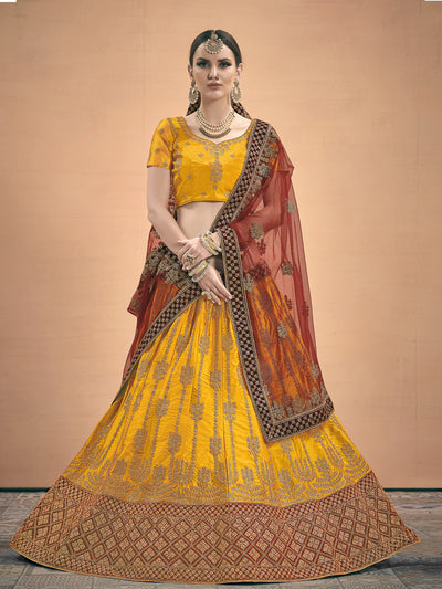 Odette Women Mustard Embroidered Bridal Semi Stitched Lehenga With  Unstitched Blouse
