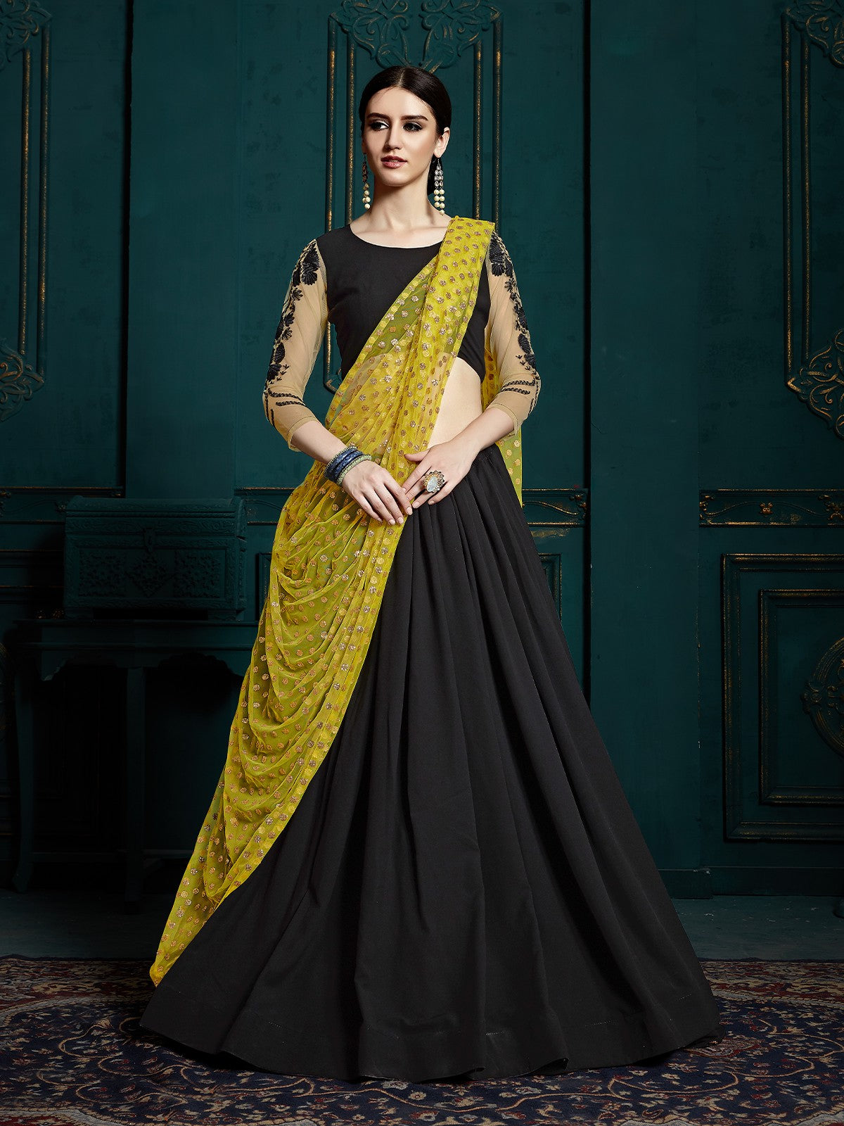 Lehenga Choli : Stylist black lehenga with embroidered b ...