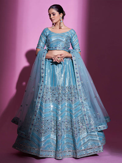 Odette Women Blue Silk Blend Embroidered Semi Stitched Lehenga With Unstitched Blouse