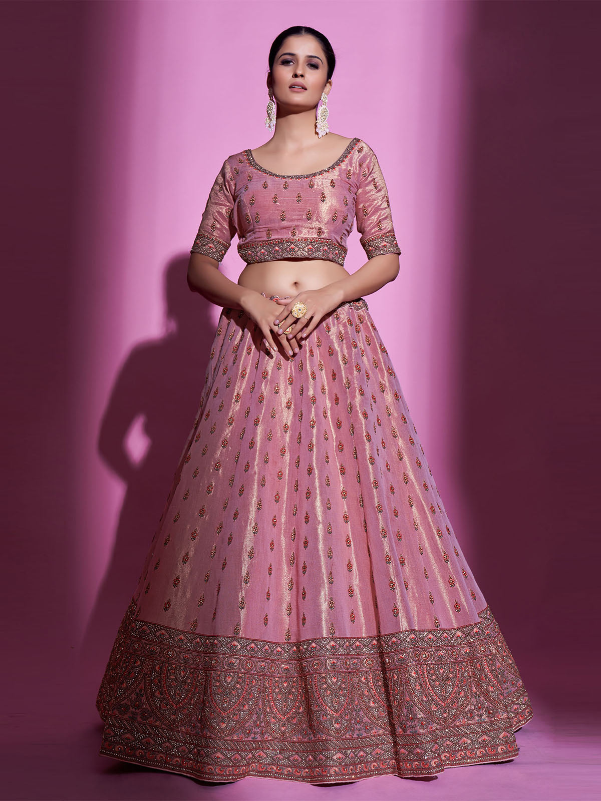 Pink Silk Blend Semi Stitched Lehenga With Unstitched Blouse