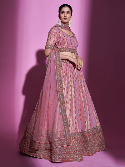 Pink Silk Blend Semi Stitched Lehenga With Unstitched Blouse