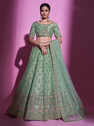 Odette Women Green Silk Blend Embroidered Semi Stitched Lehenga With Unstitched Blouse