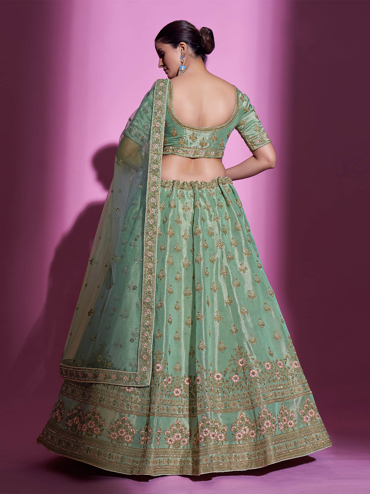 Odette Women Green Silk Blend Embroidered Semi Stitched Lehenga With Unstitched Blouse