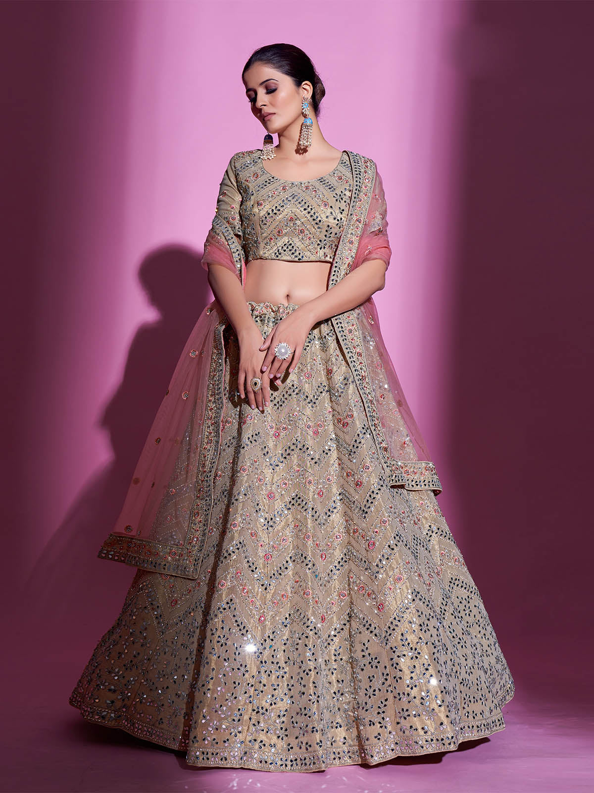 Odette Women Beige Silk Blend Embroidered Semi Stitched Lehenga With Unstitched Blouse