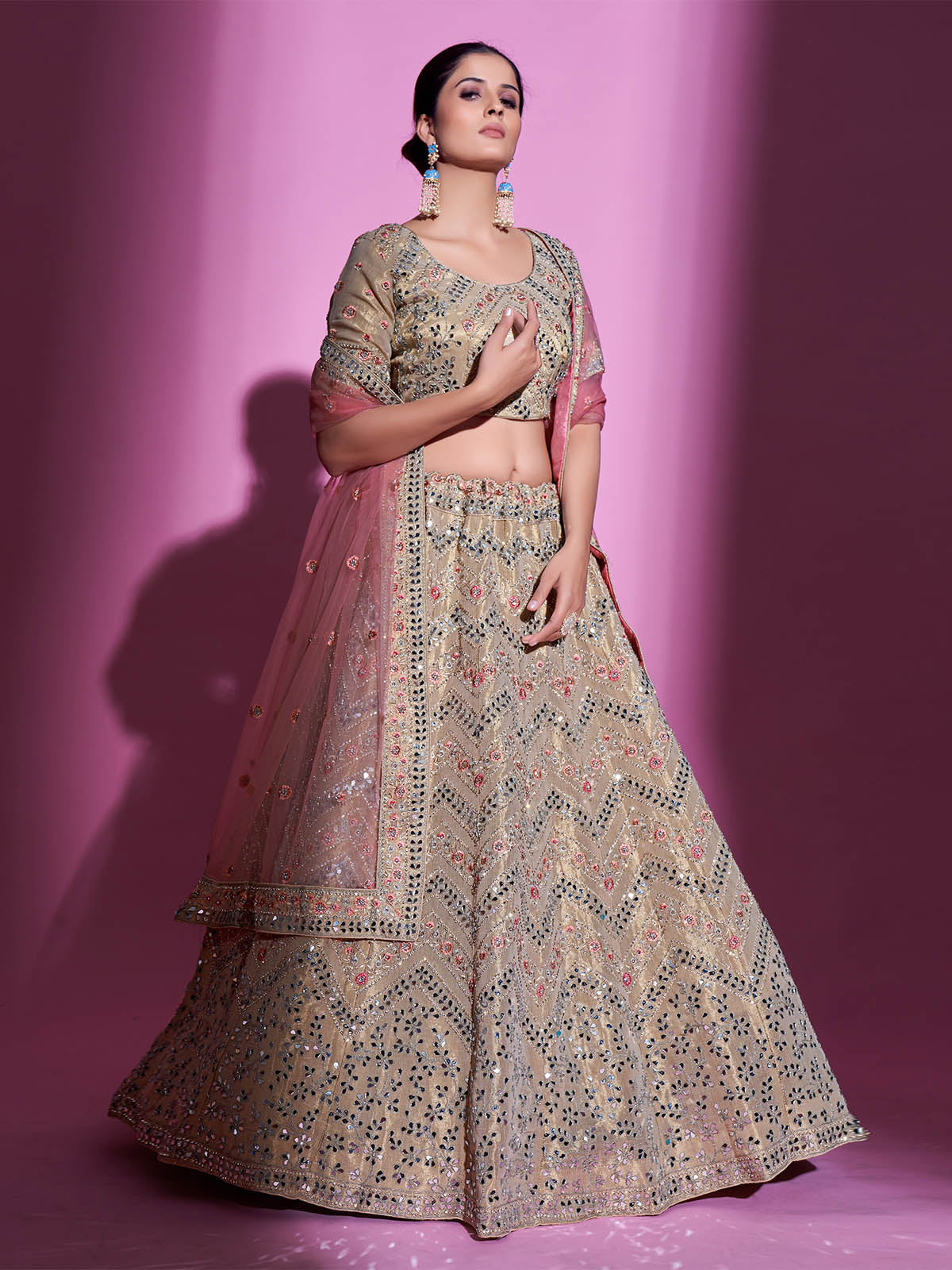 Odette Women Beige Silk Blend Embroidered Semi Stitched Lehenga With Unstitched Blouse