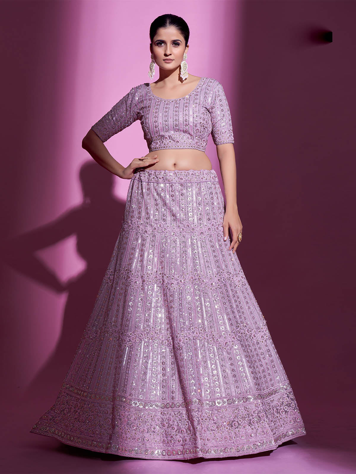 Odette Women Purple Net Embroidered Semi Stitched Lehenga With Unstitched Blouse