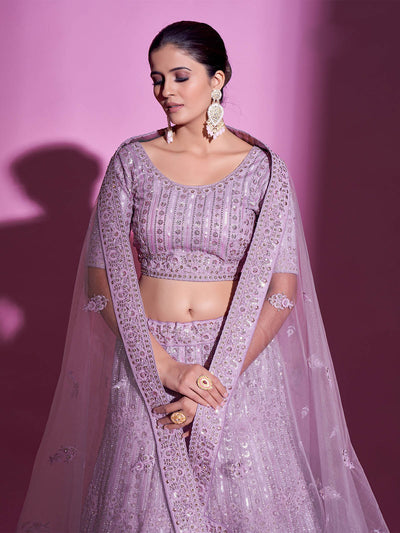 Odette Women Purple Net Embroidered Semi Stitched Lehenga With Unstitched Blouse