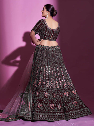 Odette Women Violet Crepe Embroidered Semi Stitched Lehenga With Unstitched Blouse