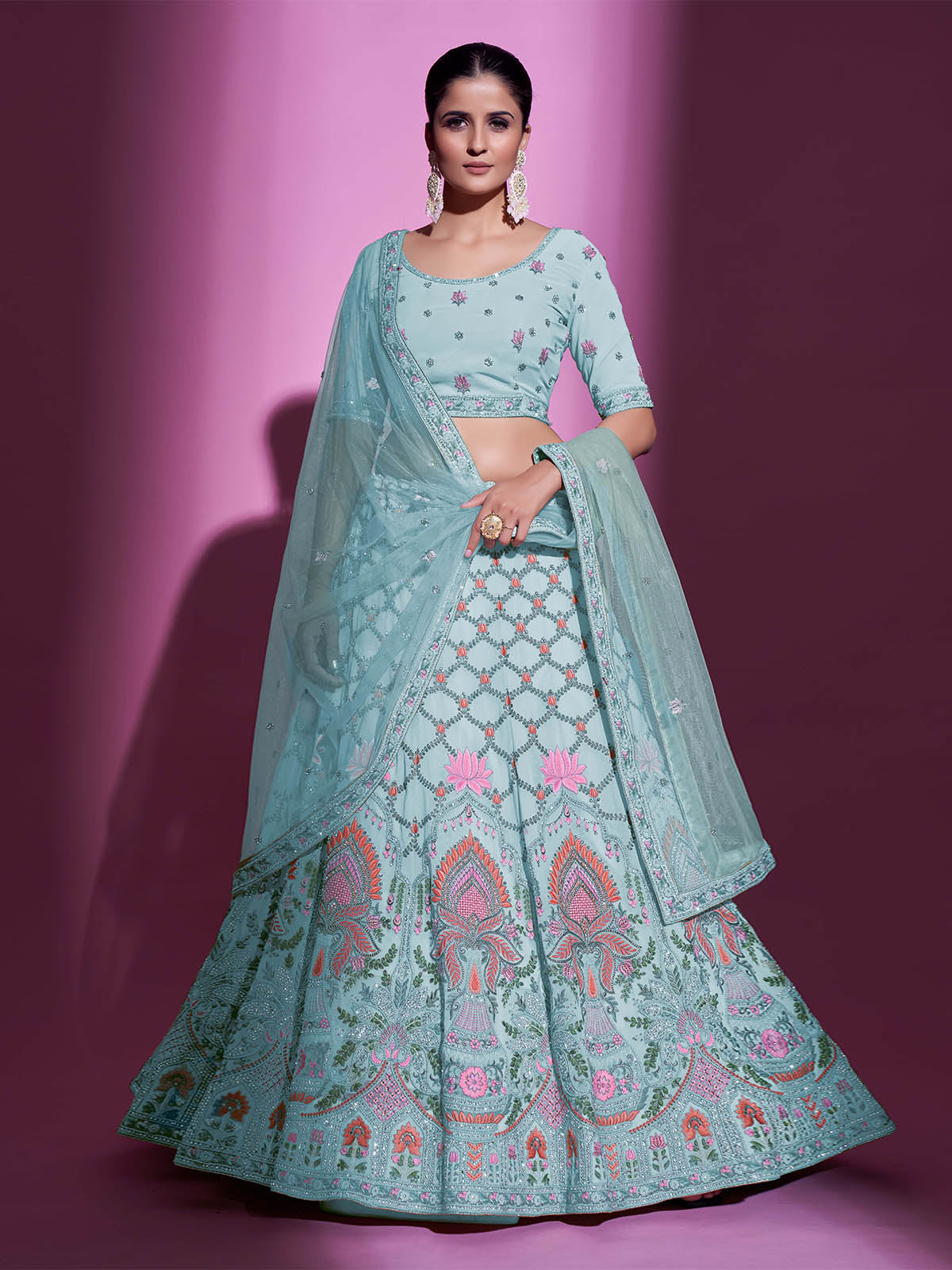 Odette Women Blue Georgette Embroidered Semi Stitched Lehenga With Unstitched Blouse