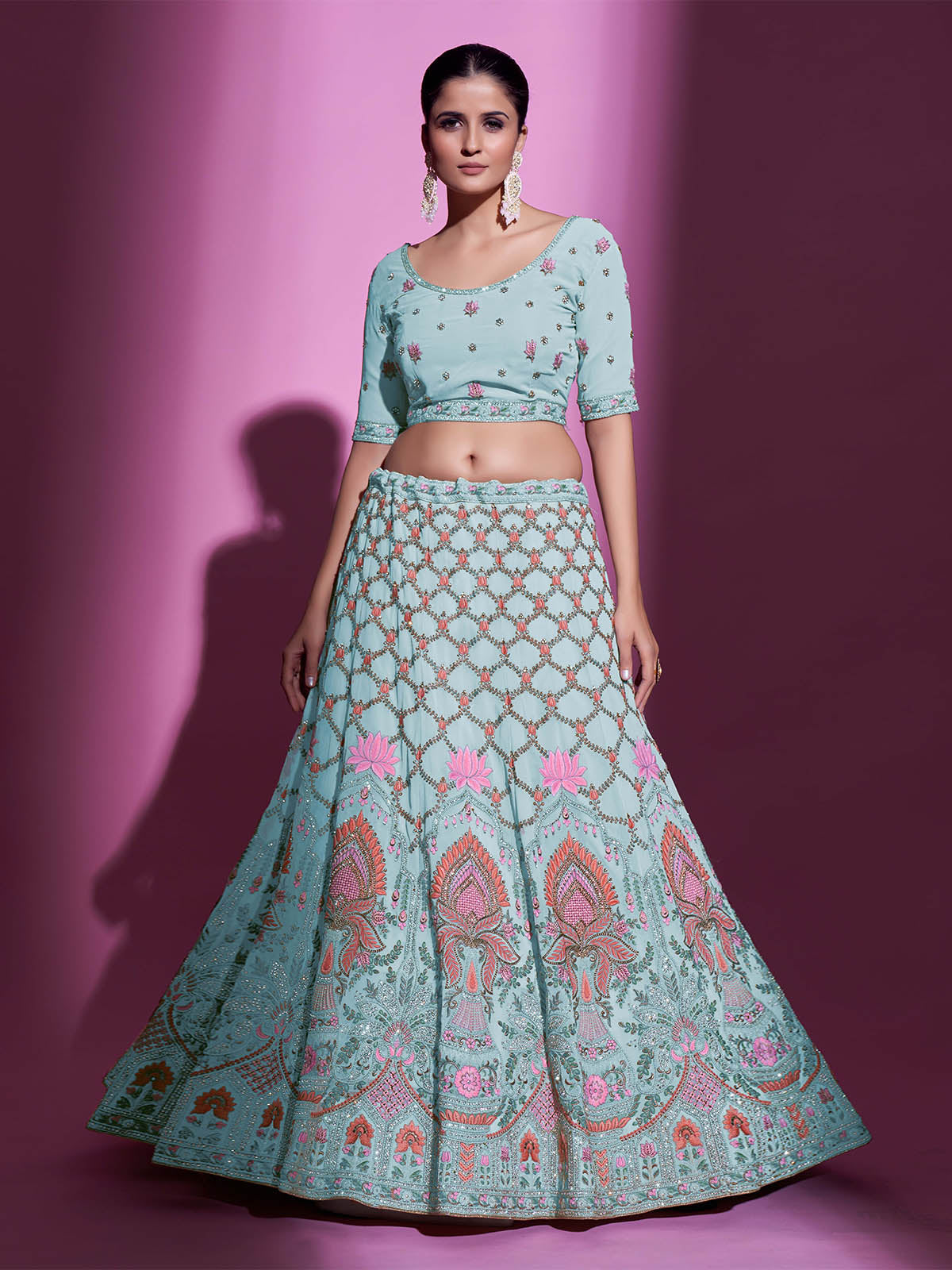 Odette Women Blue Georgette Embroidered Semi Stitched Lehenga With Unstitched Blouse