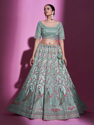Odette Women Sea Green Net Embroidered Semi Stitched Lehenga With Unstitched Blouse