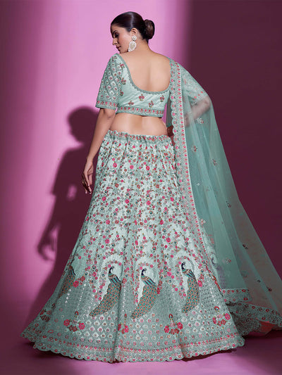 Odette Women Sea Green Net Embroidered Semi Stitched Lehenga With Unstitched Blouse