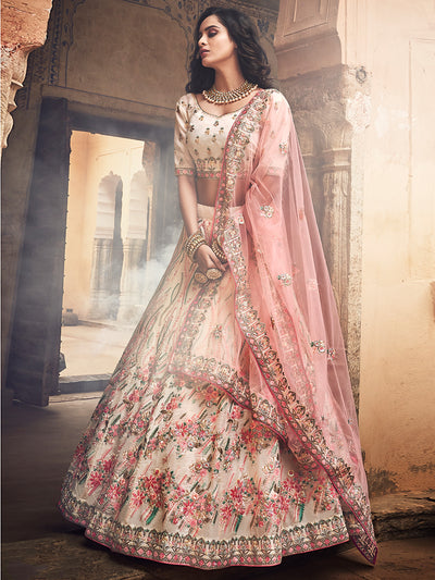 Apricot Embroidered  Organza Semi Stitched Lehenga With Unstitched Blouse