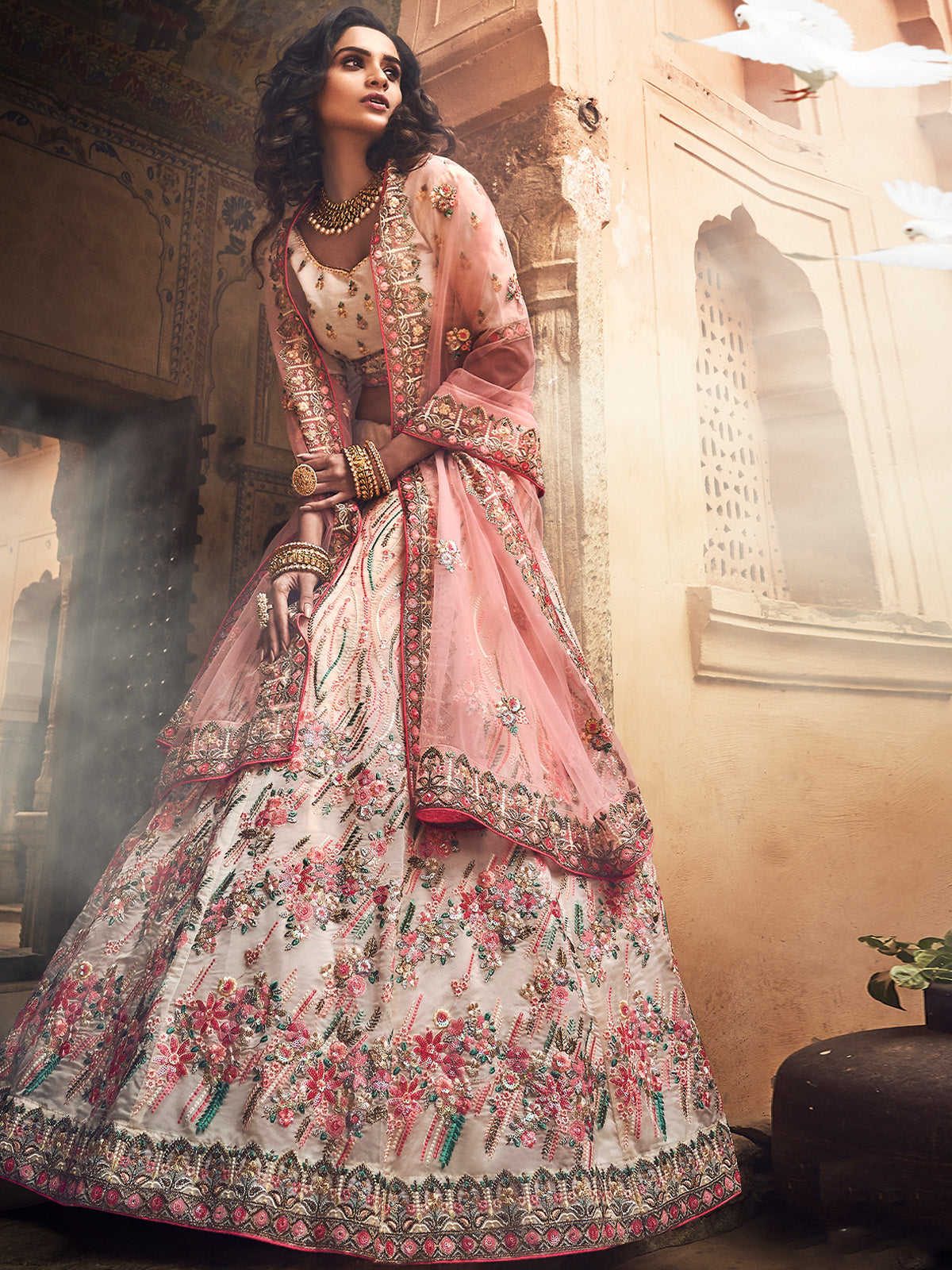 Apricot Embroidered  Organza Semi Stitched Lehenga With Unstitched Blouse