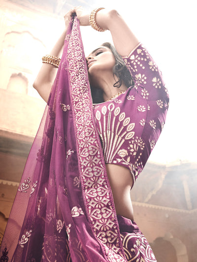 Purple Embroidered Art Silk Semi Stitched Lehenga With Unstitched Blouse