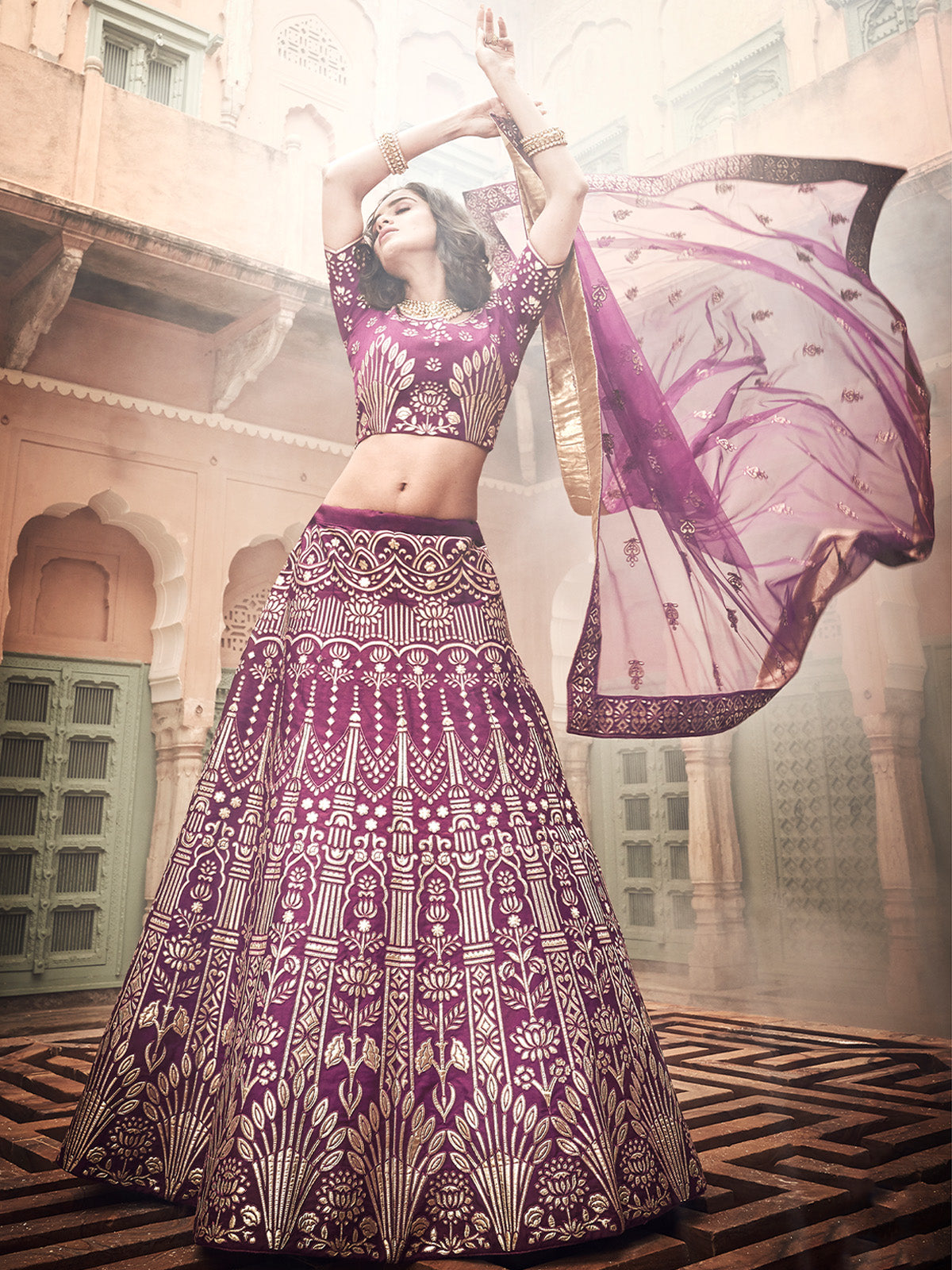 Purple Embroidered Art Silk Semi Stitched Lehenga With Unstitched Blouse