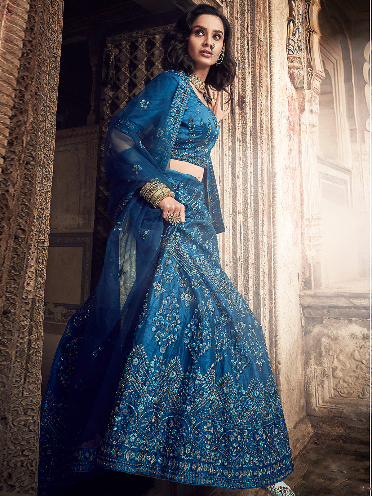 Dark Blue Embroidered Art Silk Semi Stitched Lehenga With Unstitched Blouse