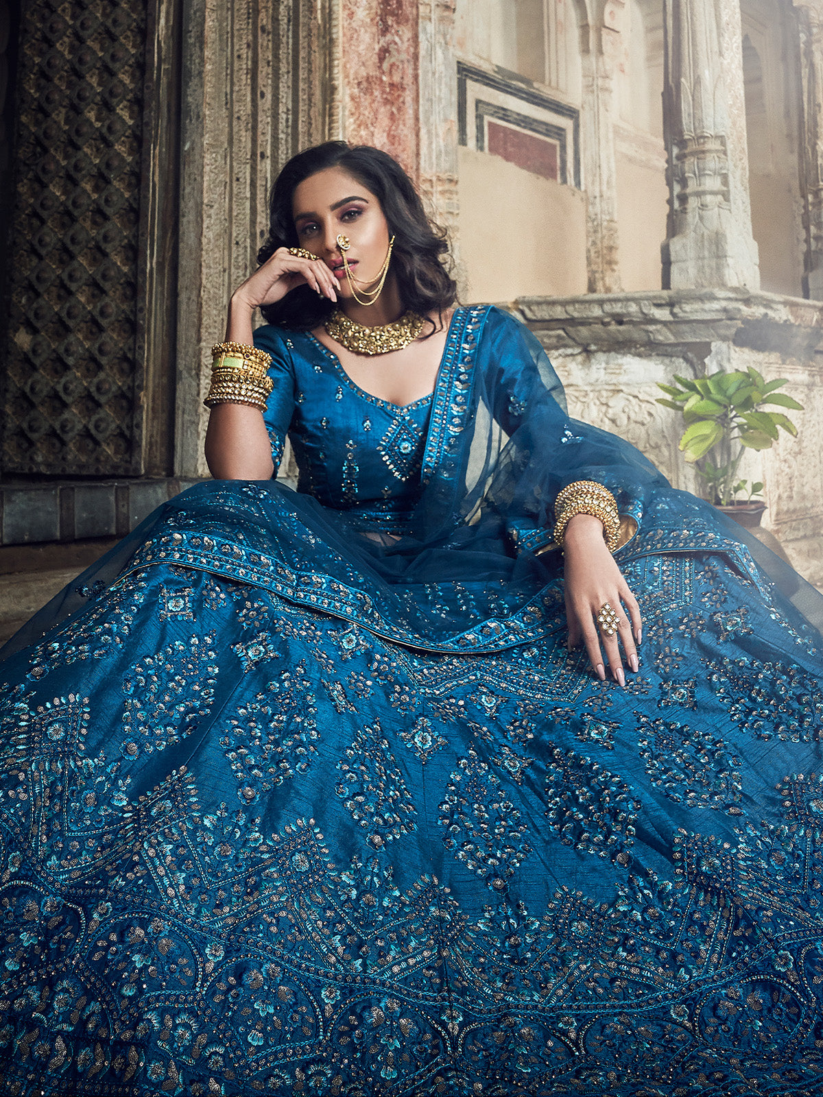Dark Blue Embroidered Art Silk Semi Stitched Lehenga With Unstitched Blouse