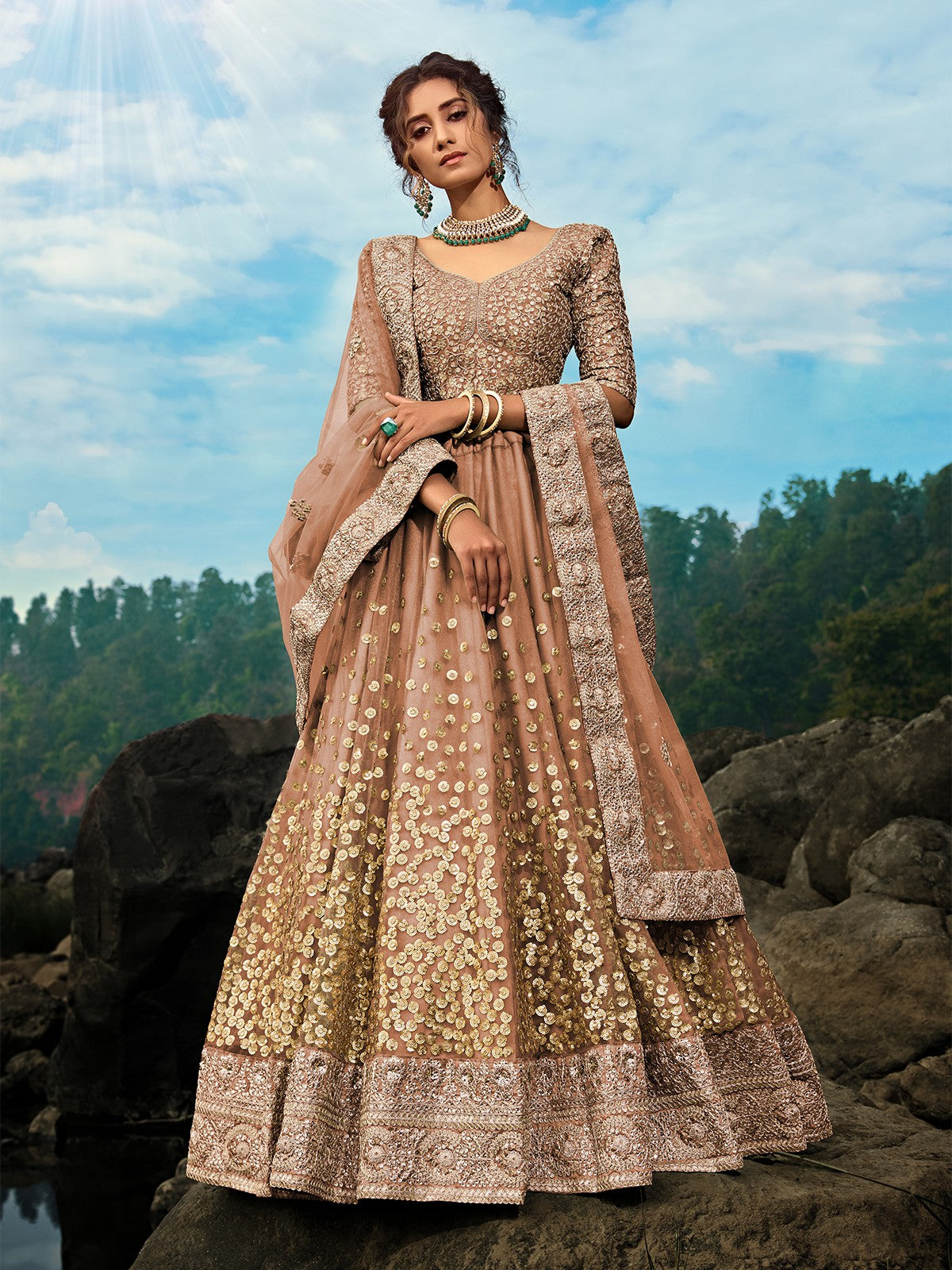 Brown Sequins Soft Net Semi Stitched Lehenga With  Unstitched Blouse