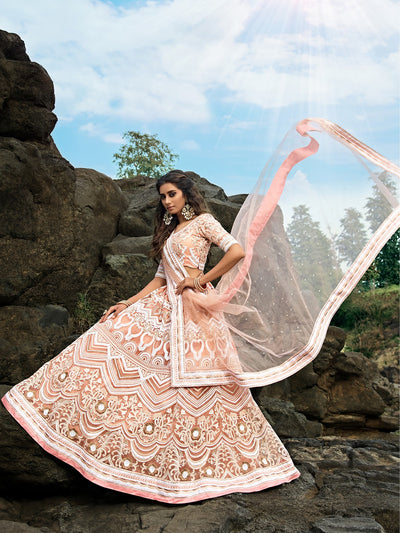 Peach Soft Net Sequins Semi Stitched Lehenga With Unstitched Blouse