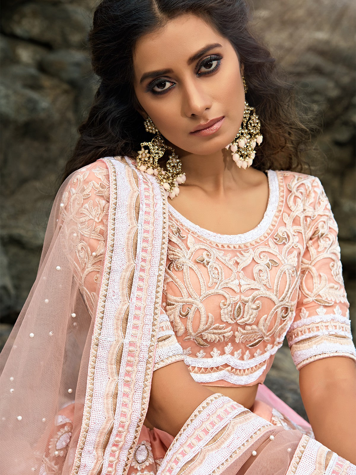 Peach Soft Net Sequins Semi Stitched Lehenga With Unstitched Blouse