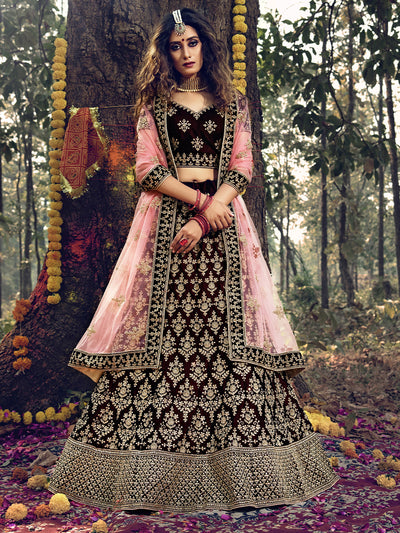 Maroon  Semi Stitched Lehenga With  Unstitched Blouse With Mirror Work